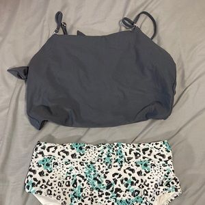 Blue cheetah print two piece bathing suit high waisted bottoms